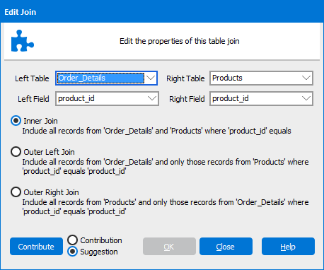 This image shows the Edit Join dialog box where you select the join type.  Options include Inner Join, Outer Left Join, and Outer Right Join.